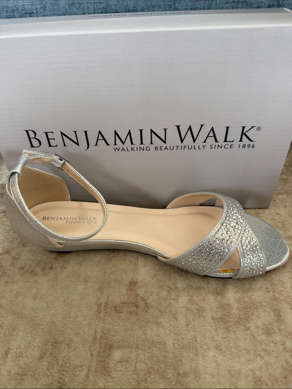 Benjamin Walk Iris Silver Rhinestone Low Heel Ankle-Strap Sandals